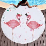 картинка Круглое пляжное покрывало-коврик с бахромой 150 см (микрофибра)  Beach Towel Фламинго в шляпе