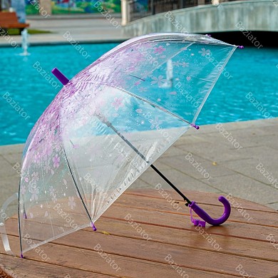 Зонт детский для девочек с лепестками цветов сакуры и свистком прозрачный