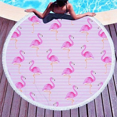 Круглое пляжное покрывало-коврик с бахромой 150 см (микрофибра) Beach Towel Розовые Фламинго
