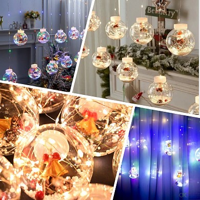 картинка Новогодняя гирлянда светодиодная штора Шарики с Рождественским декором Дед Мороз 3 x 1 м 8 режимов