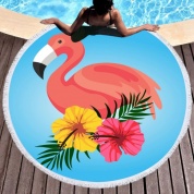 картинка Круглое пляжное покрывало  Фламинго 150 см микрофибра Beach Towel Фламинго с тропическими цветками