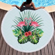картинка Круглое пляжное покрывало-коврик с бахромой 150 см (микрофибра)  Beach Towel Фламинго тропики