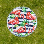 картинка Круглое пляжное покрывало-коврик с бахромой 150 см (микрофибра) Beach Towel, фламинго в цветах