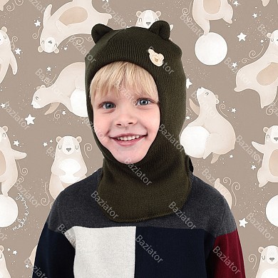 Шапка шлем для мальчика и девочки зима детская двойная с подкладом Мишка с ушками