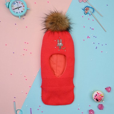 Шапка шлем для девочки зима детская с помпоном и подкладом двойная Зайчик Honey
