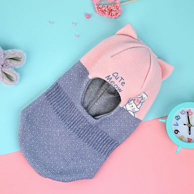 Шапка шлем для девочки на осень демисезонная детская двойная Кот Cute Meow