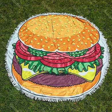 Круглое пляжное покрывало-коврик с бахромой 150 см (микрофибра) Гамбургер
