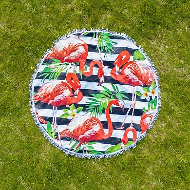 Круглое пляжное покрывало-коврик с бахромой 150 см (микрофибра) Beach Towel, фламинго в цветах