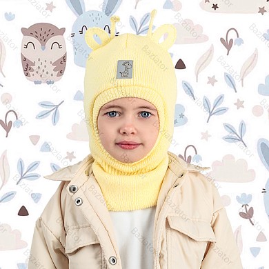 Детская шапка шлем, капор для ребенка на девочку теплая шерсть с ушками на зиму Жираф