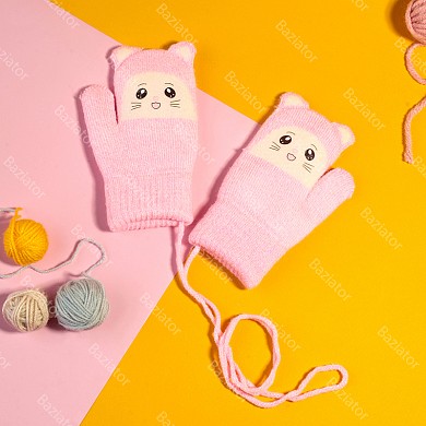 Варежки детские зимние шерстяные теплые для девочки и мальчика на резинке с двойным подкладом Котик