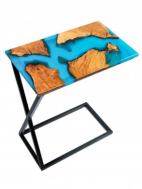 Приставной журнальный столик для ноутбука из натурального дерева (массив дуба) с эпоксидной смолой