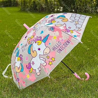 Зонт трость детский для мальчиков и девочек Милый Единорог матово-прозрачный со свистком полуавтомат