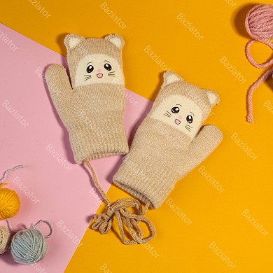 Варежки детские зимние шерстяные теплые для девочки и мальчика на резинке с двойным подкладом Котик