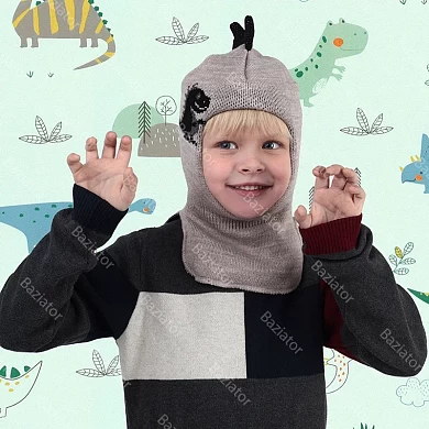 картинка Детская шапка шлем для ребенка на мальчика теплая на зиму шерсть двойная с подкладом Динозавр