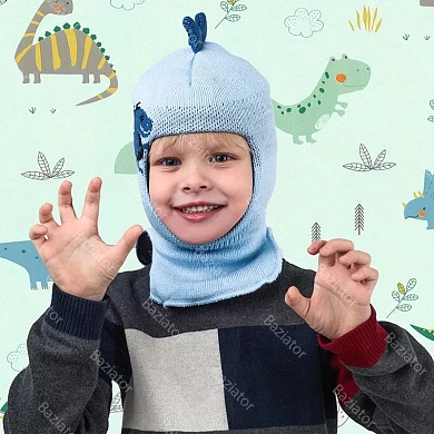 Детская шапка шлем для ребенка на мальчика теплая на зиму шерсть двойная с подкладом Динозавр