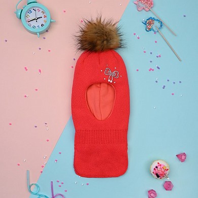 Шапка шлем для девочки зима детская с помпоном и подкладом двойная Бантик