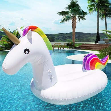 Пляжный надувной большой матрас плот для плавания белый Единорог Unicorn с радужной гривой