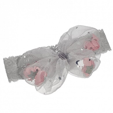 Детская повязка на голову для новорожденной малышки с фатиновым бантом с розами и блестками внутри