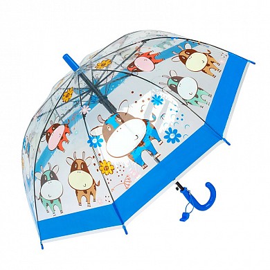 Зонт детский для девочек и мальчиков прозрачный с изображением животных и свистком