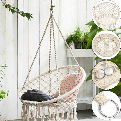 картинка Подвесное кресло плетеное "Чудесный сад макраме" для дачи и дома (качели-гнездо, гамак)