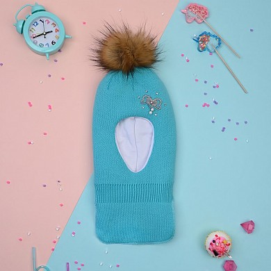 Шапка шлем для девочки зима детская с помпоном и подкладом двойная Бантик