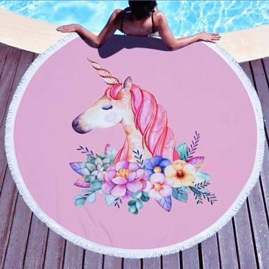 картинка Круглое пляжное покрывало Единорог розовый 150 см