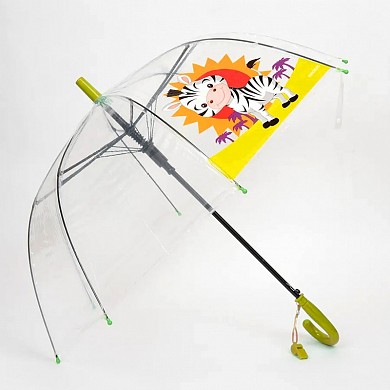 Зонт детский для девочек и мальчиков прозрачный с изображением сказочных героев и свистком