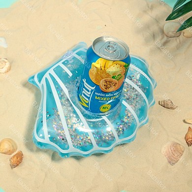 Пляжный надувной подстаканник для напитков в бассейн Голубая Ракушка с блестками
