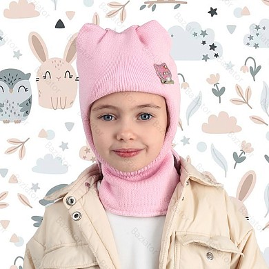 Шапка шлем для девочки зима детская двойная с подкладом Котик с ушками