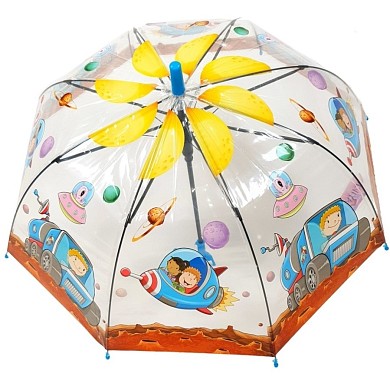 Зонт трость детский для мальчиков и девочек «Космическое приключение» прозрачный со свистком