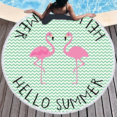 картинка Круглое пляжное покрывало-коврик с бахромой 150 см (микрофибра) Beach Towel, Hello Summer