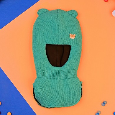 Шапка шлем для мальчика и девочки зима детская двойная с подкладом Мишка с ушками