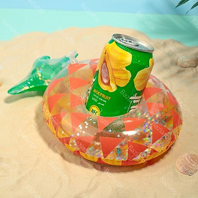Пляжный надувной подстаканник для напитков в бассейн Ананас прозрачный с блестками