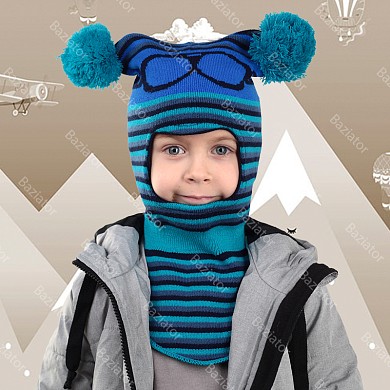Детская шапка шлем для ребенка на мальчика с помпонами демисезонная теплая на осень-весну