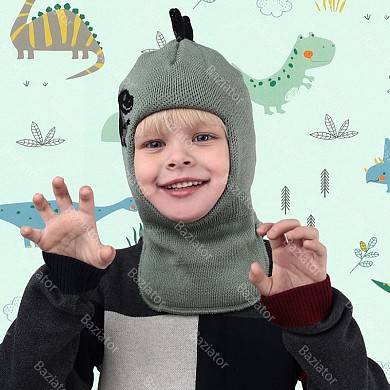 Детская шапка шлем для ребенка на мальчика теплая на зиму шерсть двойная с подкладом Динозавр