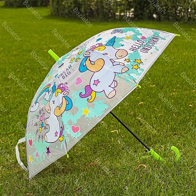 Зонт трость детский для мальчиков и девочек Милый Единорог матово-прозрачный со свистком полуавтомат