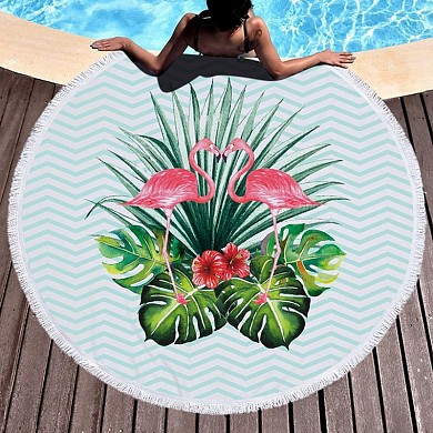 Круглое пляжное покрывало-коврик с бахромой 150 см (микрофибра)  Beach Towel Фламинго тропики