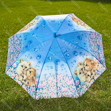 Зонт трость детский с милыми котятами с цветной ручкой