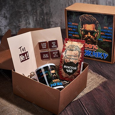 картинка Подарочный набор бокс для мужчин в коробке "100% мужику" 3 предмета (чай, шоко открытка, кружка)