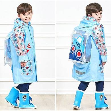 Дождевик дизайнерский детский "Машинка" синяя с карманом под рюкзак размер M